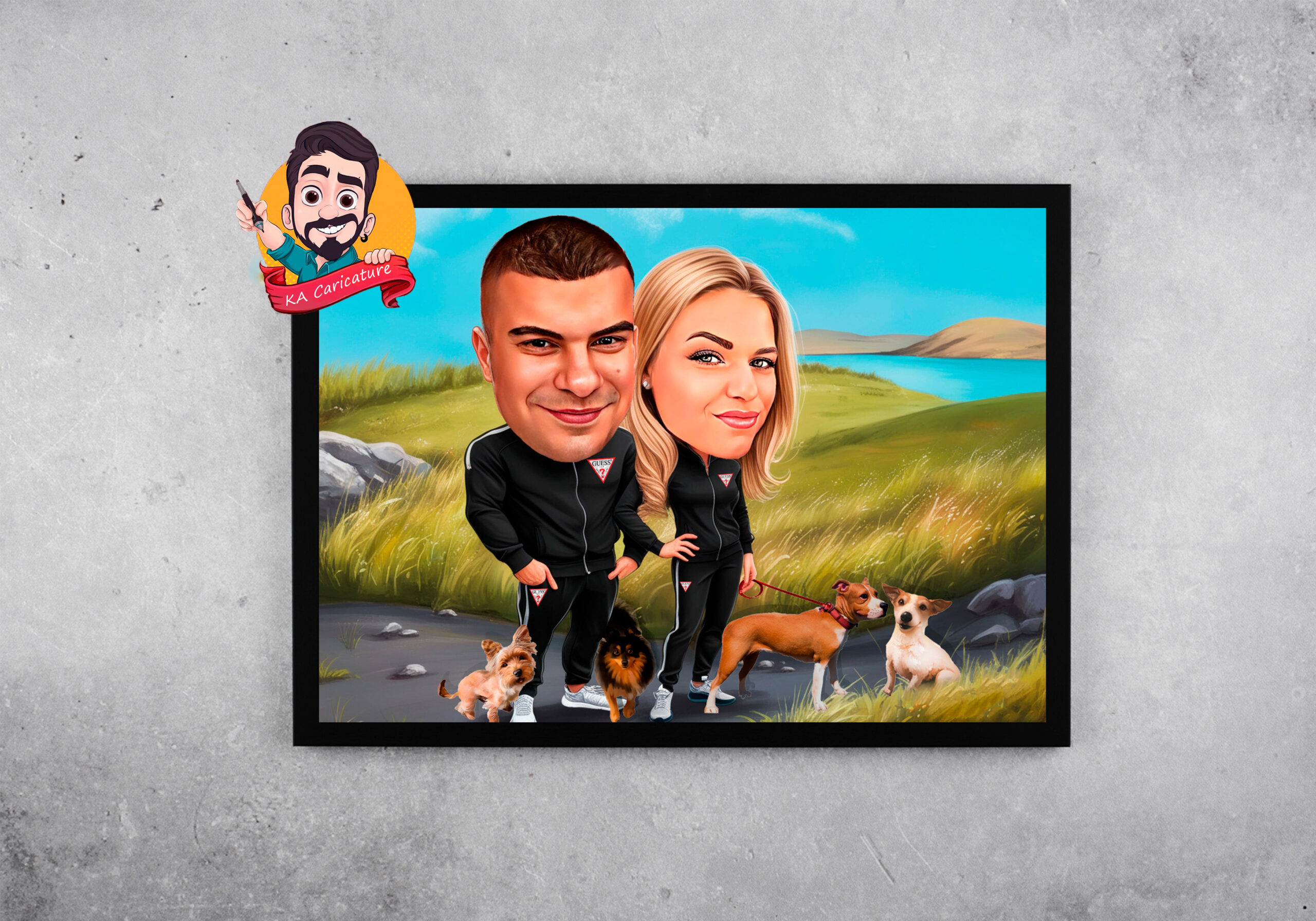 Карикатура "Двойка с домашни любимци"