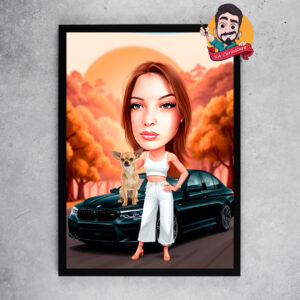 КАРИКАТУРА “Стилна дама с куче пред кола”