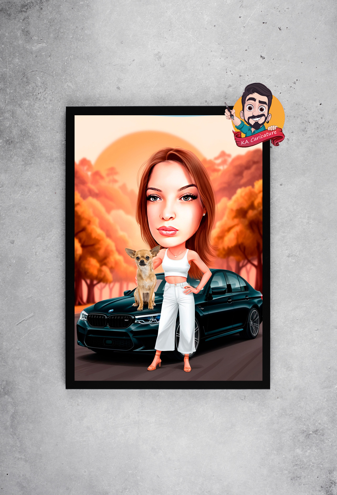 КАРИКАТУРА “Стилна дама с куче пред кола”